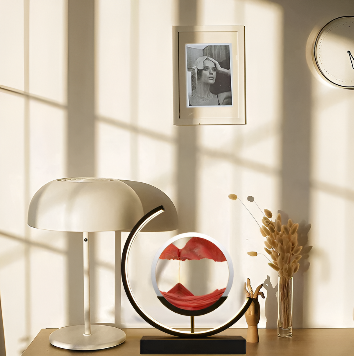 LED Sand Art Table Lamp | Rotating Disc, Curved Arm Glow