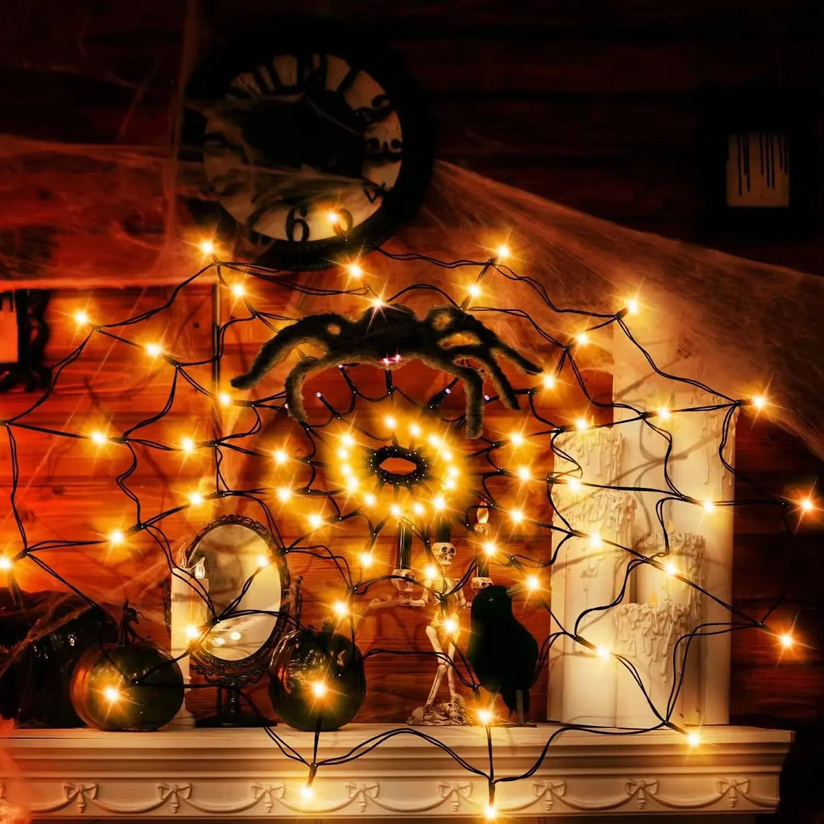 LED Spider Web String Lights Halloween Decoration | Energy-Efficient Indoor Outdoor Use | Flexible Spooky Web Design