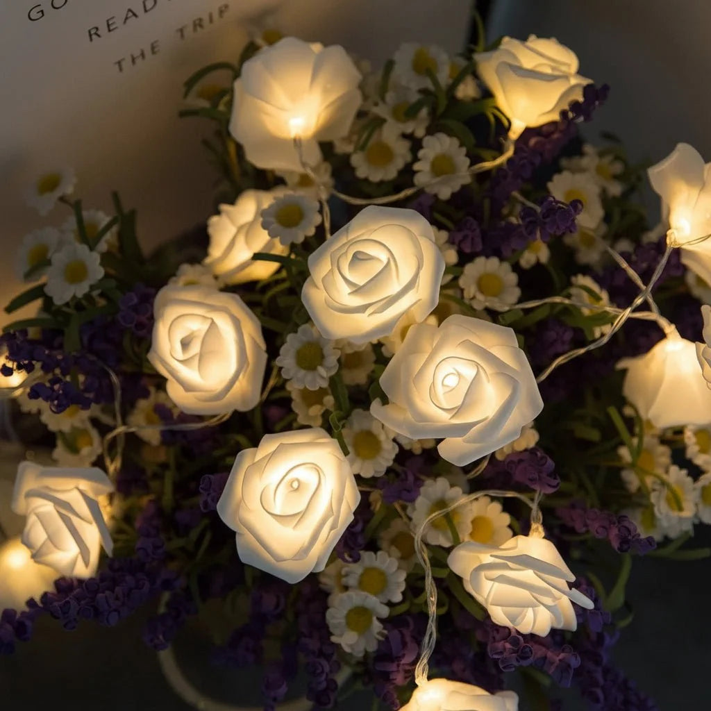 LED String Lights Artificial Roses Battery Powered Flexible Wire with Warm Glow