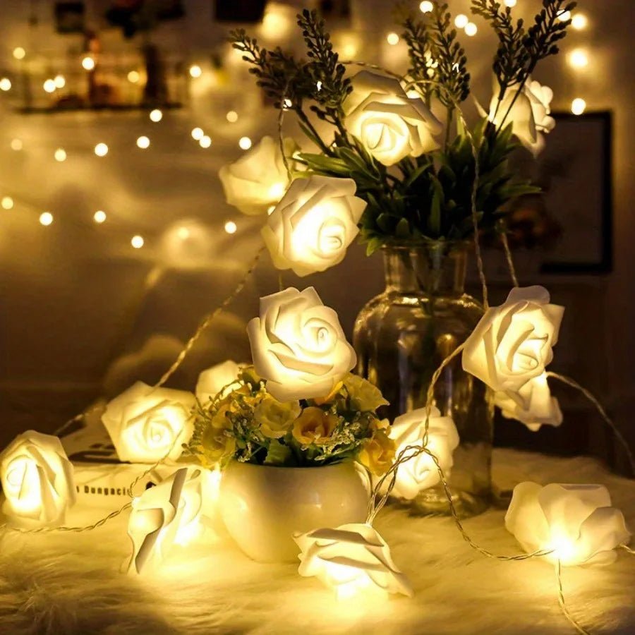 LED String Lights Artificial Roses Battery Powered Flexible Wire with Warm Glow