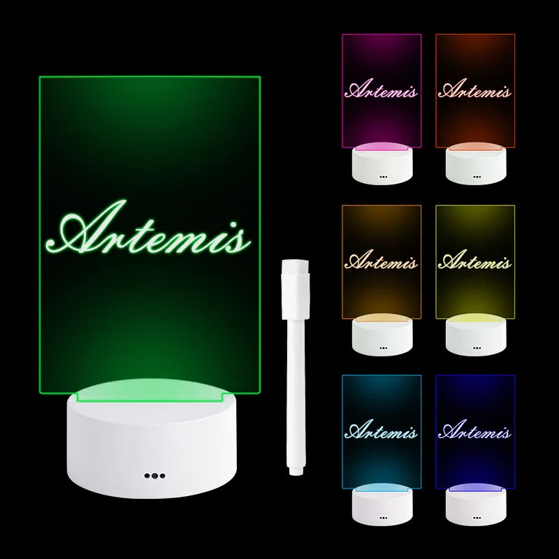 Lighted Message Board, Acrylic & ABS, 95 mm Base | USB or AA Battery Powered | Erasable Light Pen, 7 Colour Options