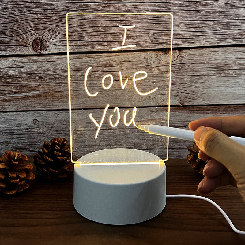 Lighted Message Board, Acrylic & ABS, 95 mm Base | USB or AA Battery Powered | Erasable Light Pen, 7 Colour Options