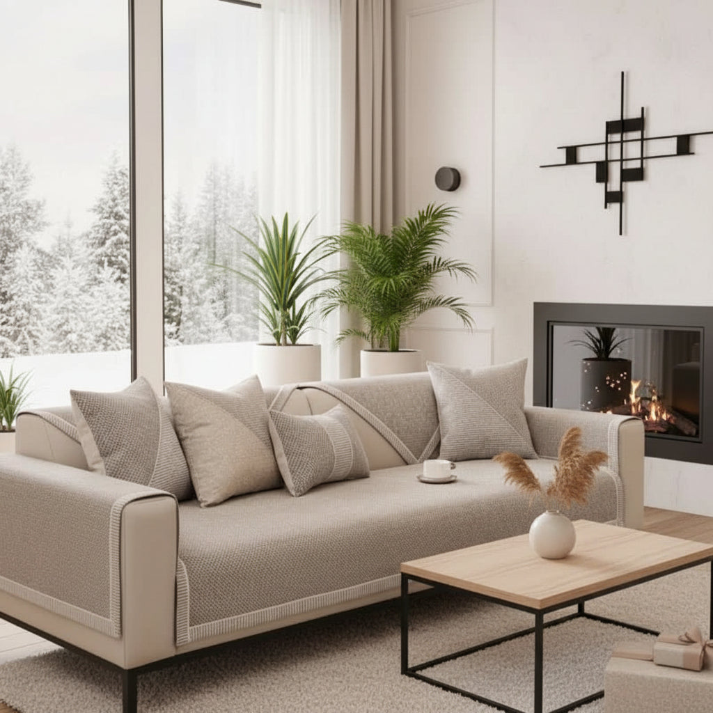 Linen Sofa Cover | Non-Slip Textured Throw with Braided Trim