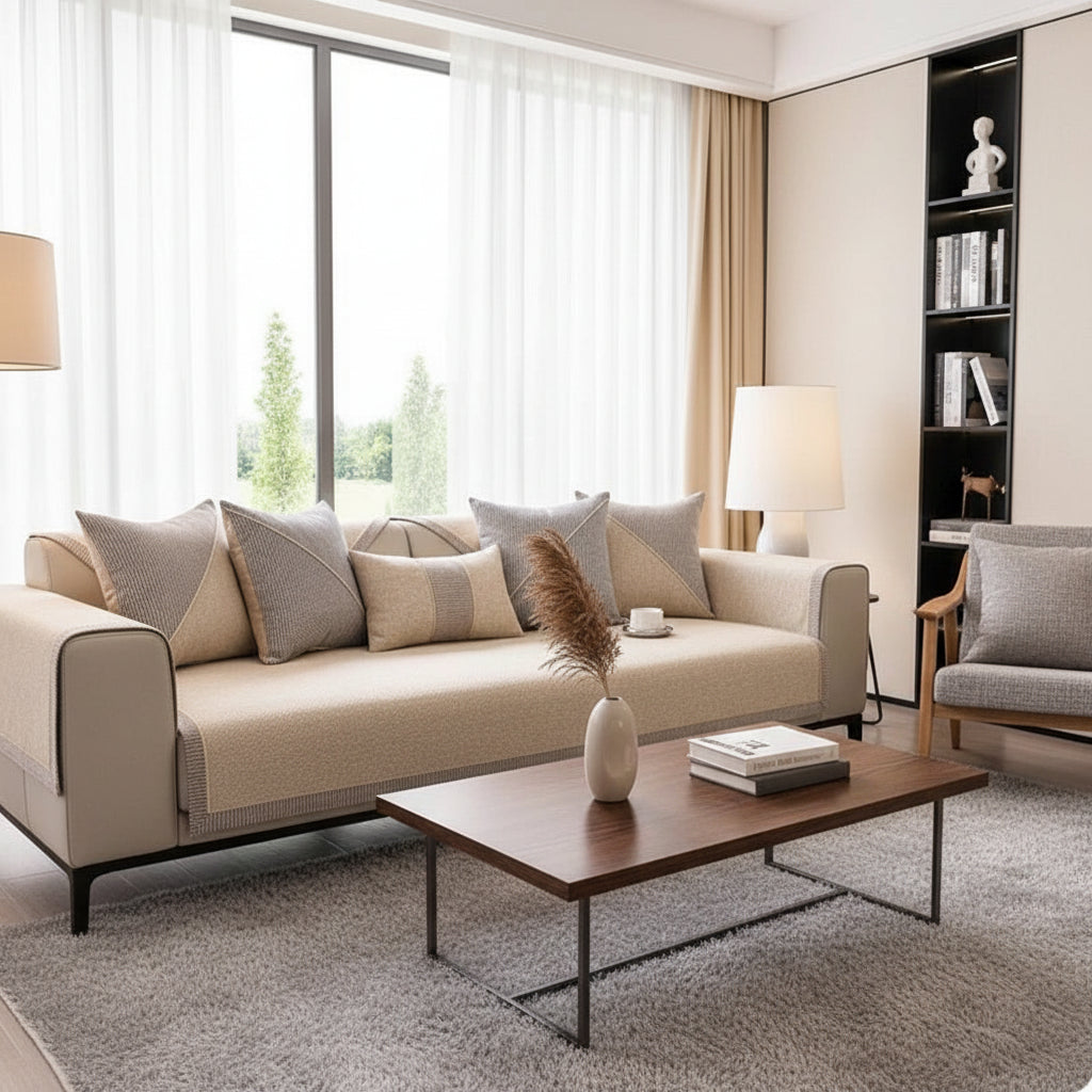 Linen Sofa Cover | Non-Slip Textured Throw with Braided Trim