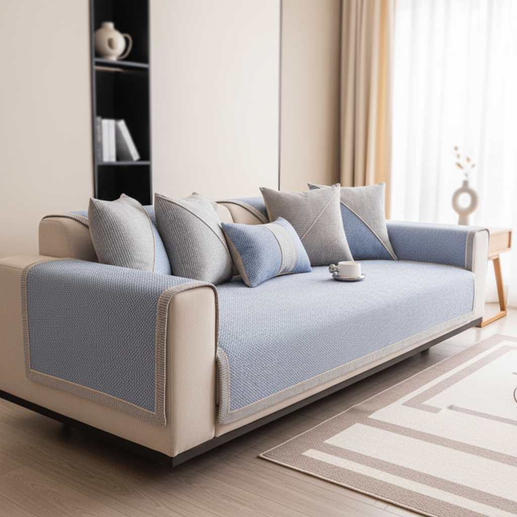 Linen Sofa Cover | Non-Slip Textured Throw with Braided Trim