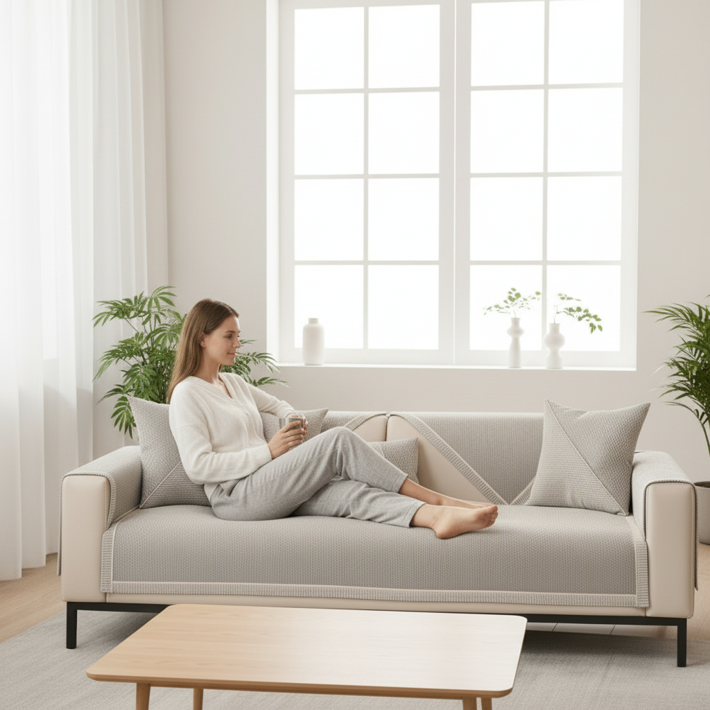 Linen Sofa Cover | Non-Slip Textured Throw with Braided Trim