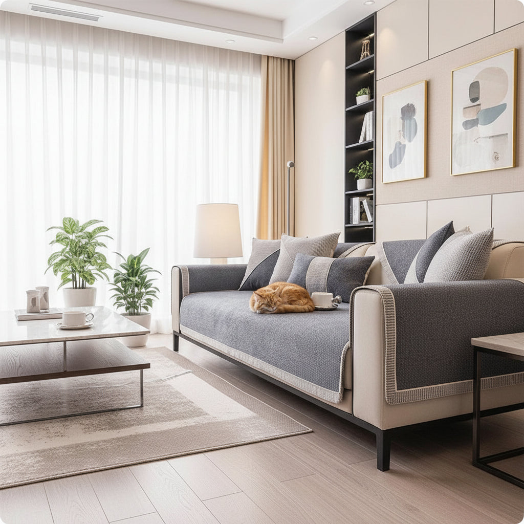 Linen Sofa Cover | Non-Slip Textured Throw with Braided Trim