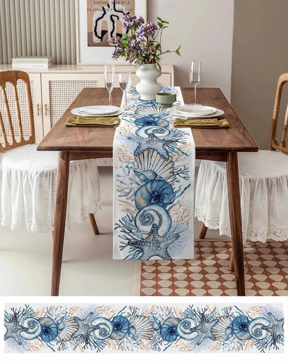 Linen Table Runner 100% Linen | Conch & Coral Print Design | Fade & Shrink Resistant, Breathable Fabric for Dining