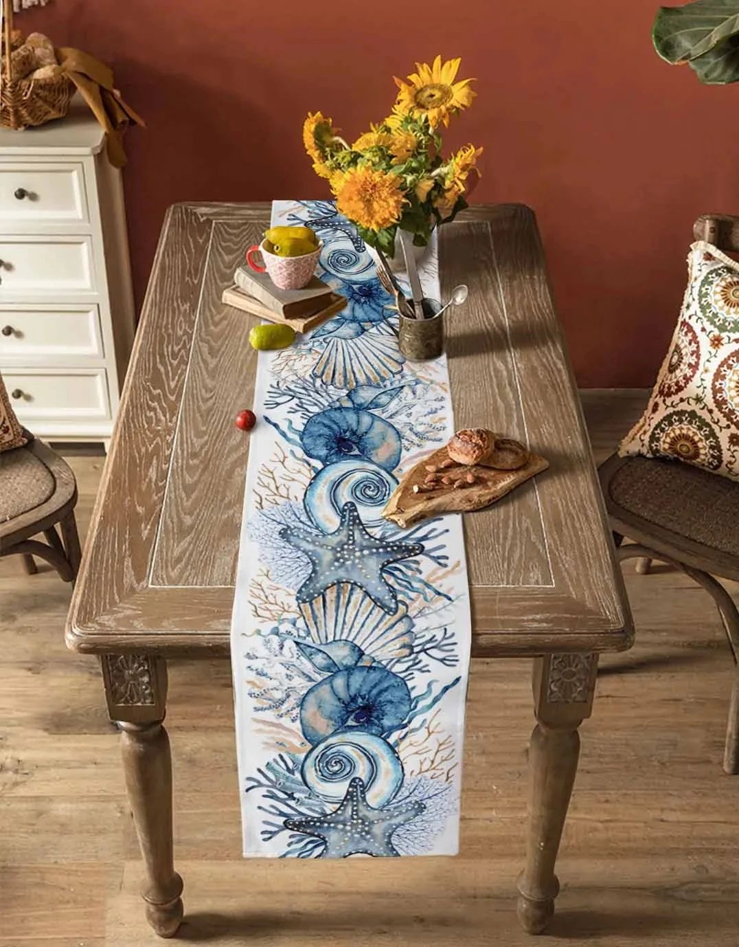 Linen Table Runner 100% Linen | Conch & Coral Print Design | Fade & Shrink Resistant, Breathable Fabric for Dining