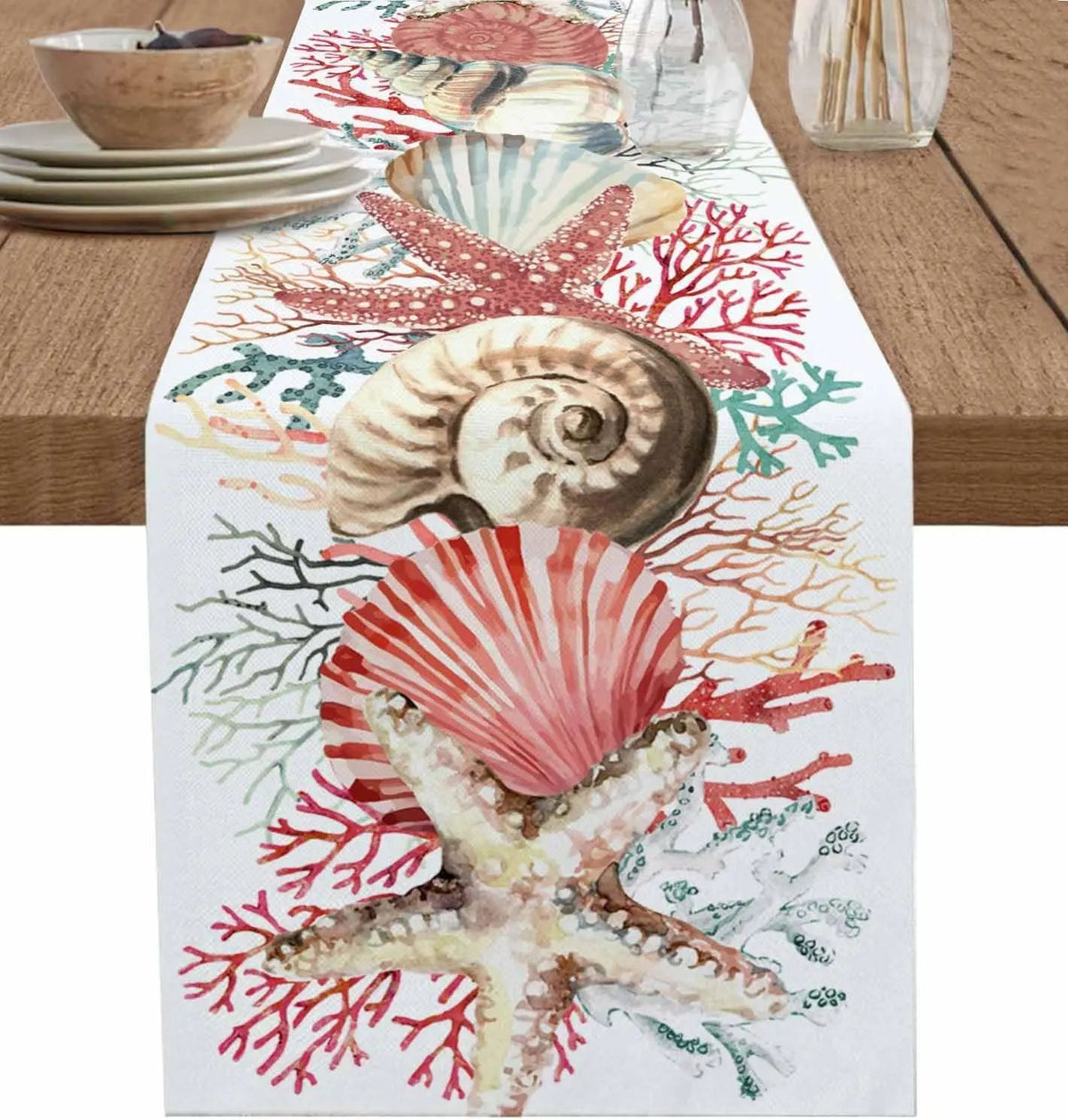 Linen Table Runner 100% Linen | Conch & Coral Print Design | Fade & Shrink Resistant, Breathable Fabric for Dining