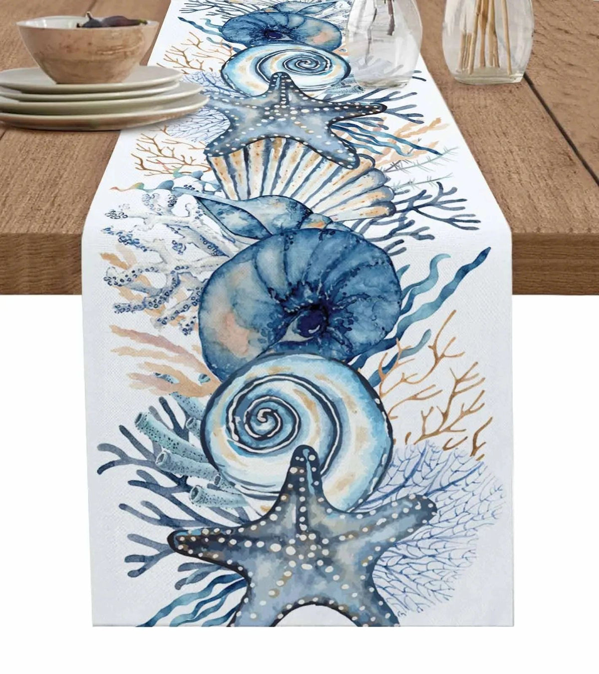 Linen Table Runner 100% Linen | Conch & Coral Print Design | Fade & Shrink Resistant, Breathable Fabric for Dining