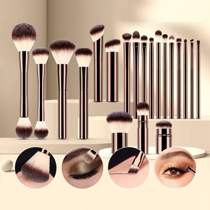 Makeup Brush Set Double-Ended Soft Bristle with Foldable Travel Bag