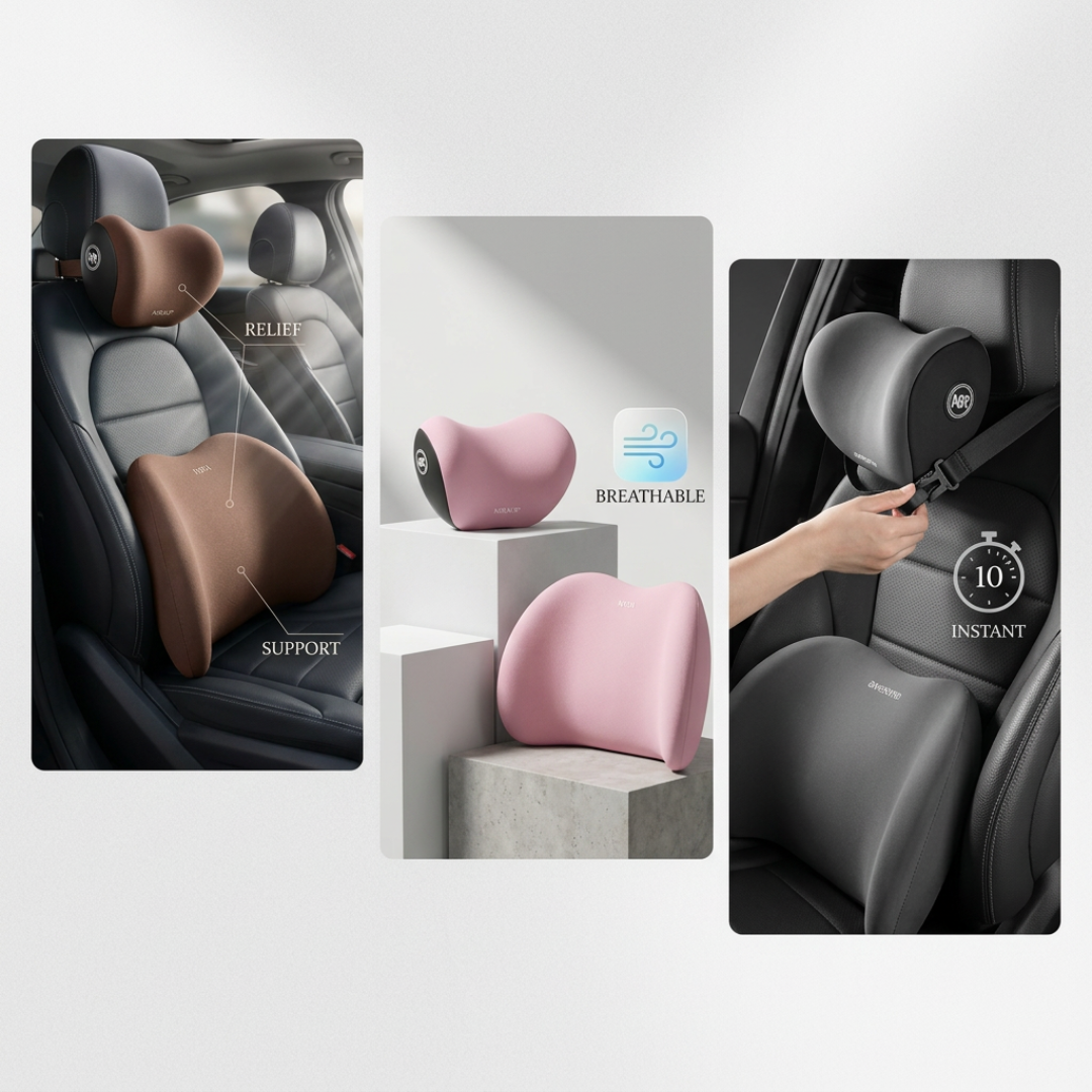 Memory Foam Car Cushion Set | Lumbar & Neck Support