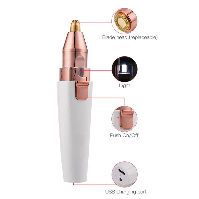 Men's Facial Hair Trimmer with LED Light | 2 Interchangeable Heads, USB Rechargeable | Painless Nose, Ear & Eyebrow Grooming