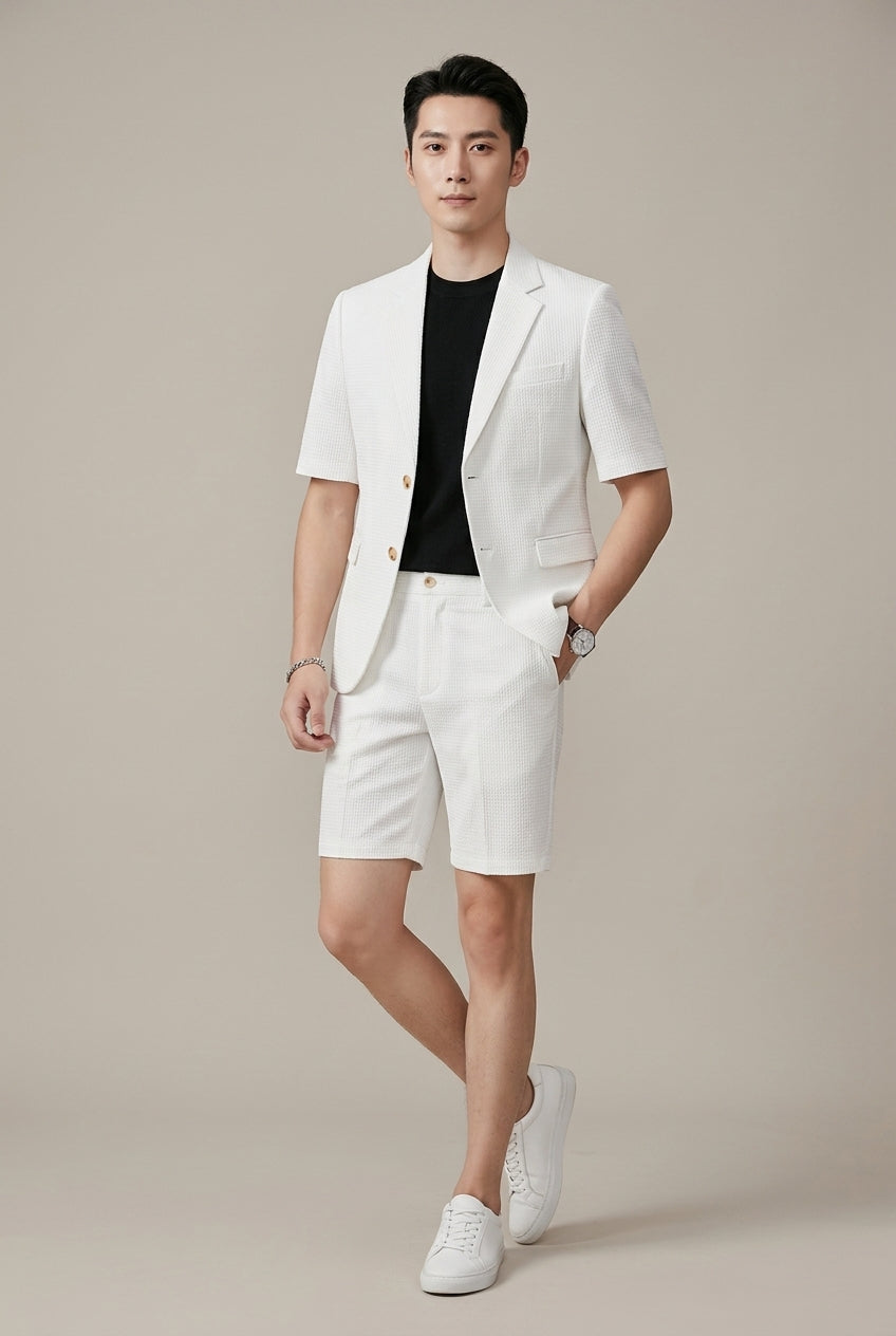 Men's Set - Short Sleeve Blazer with Matching Shorts - Textured Fabric - Regular Fit - Single-Button
