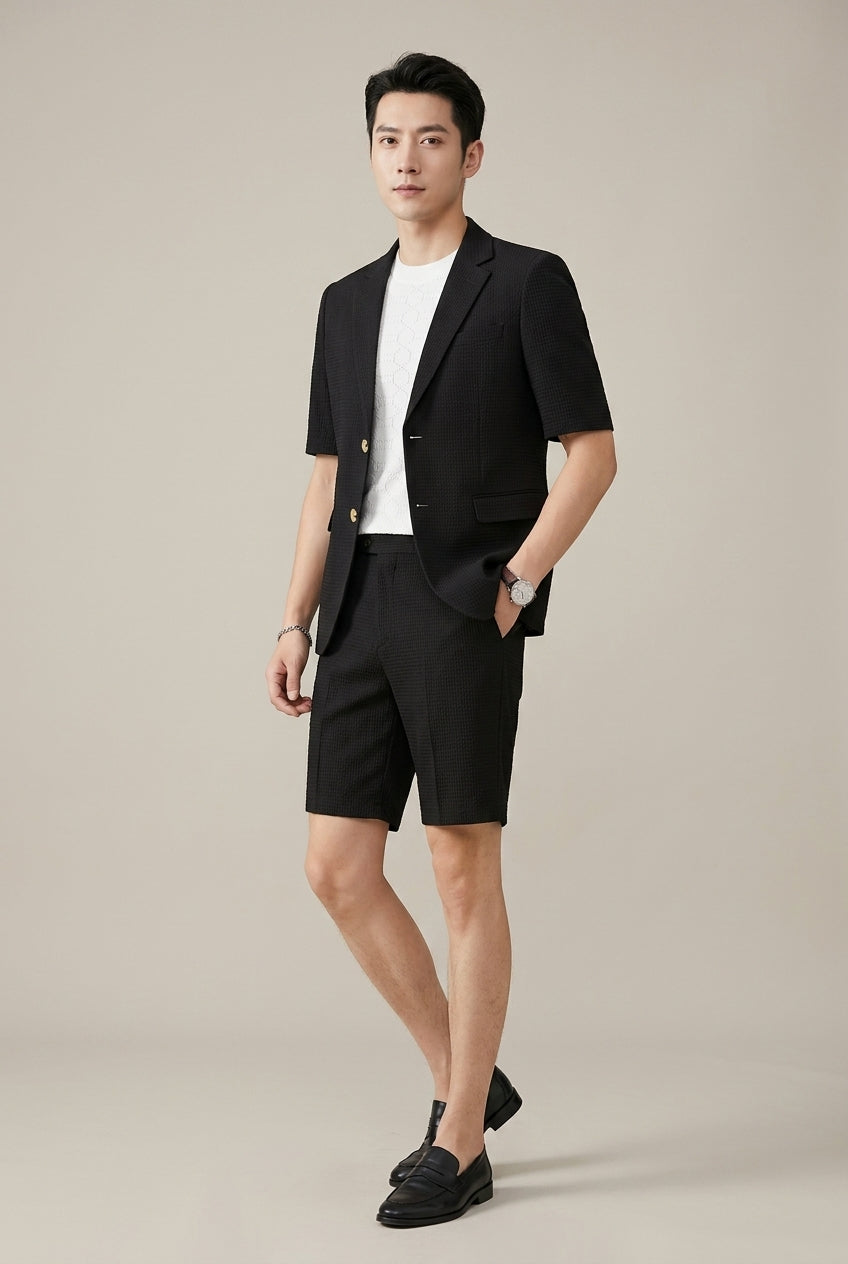 Men's Set - Short Sleeve Blazer with Matching Shorts - Textured Fabric - Regular Fit - Single-Button