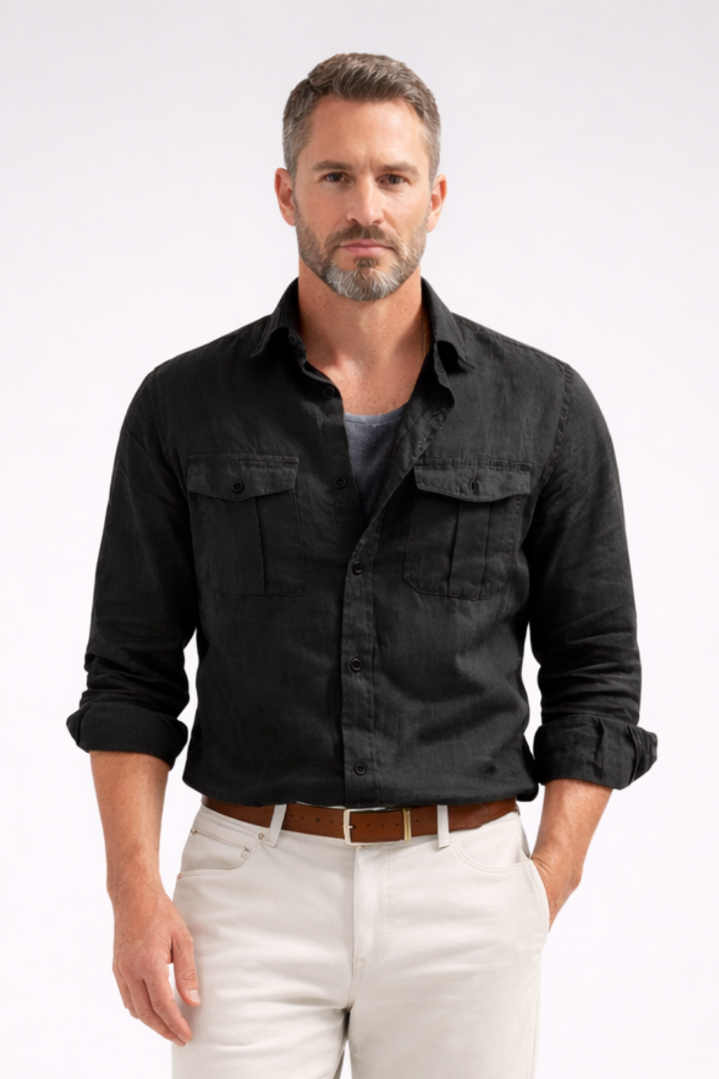 Men's Shirt - Cotton - Long Sleeve - Double Chest Pockets - Button-Front