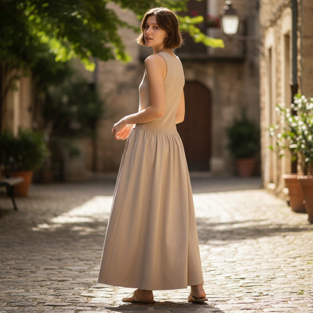 Midi Dress - Matte Fabric - Sleeveless - A-Line - Mid-Calf Length