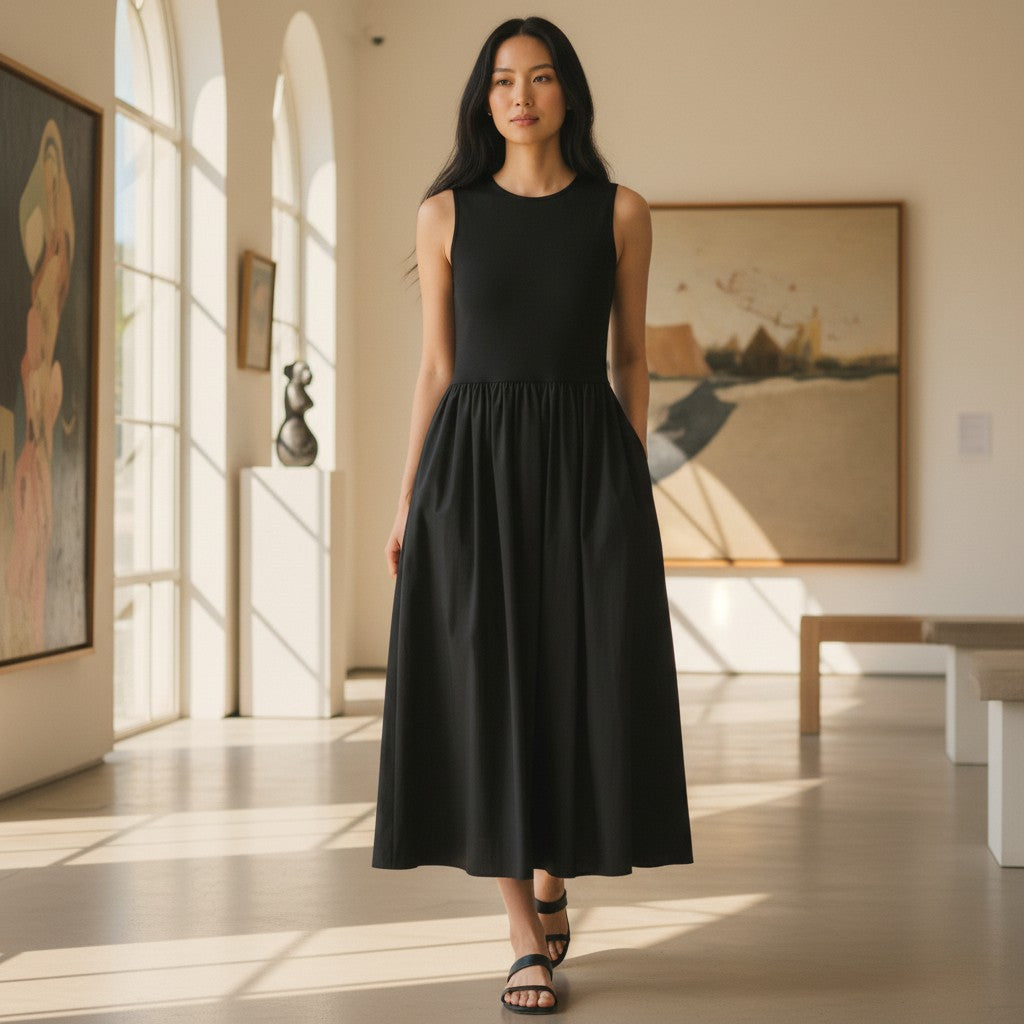 Midi Dress - Matte Fabric - Sleeveless - A-Line - Mid-Calf Length