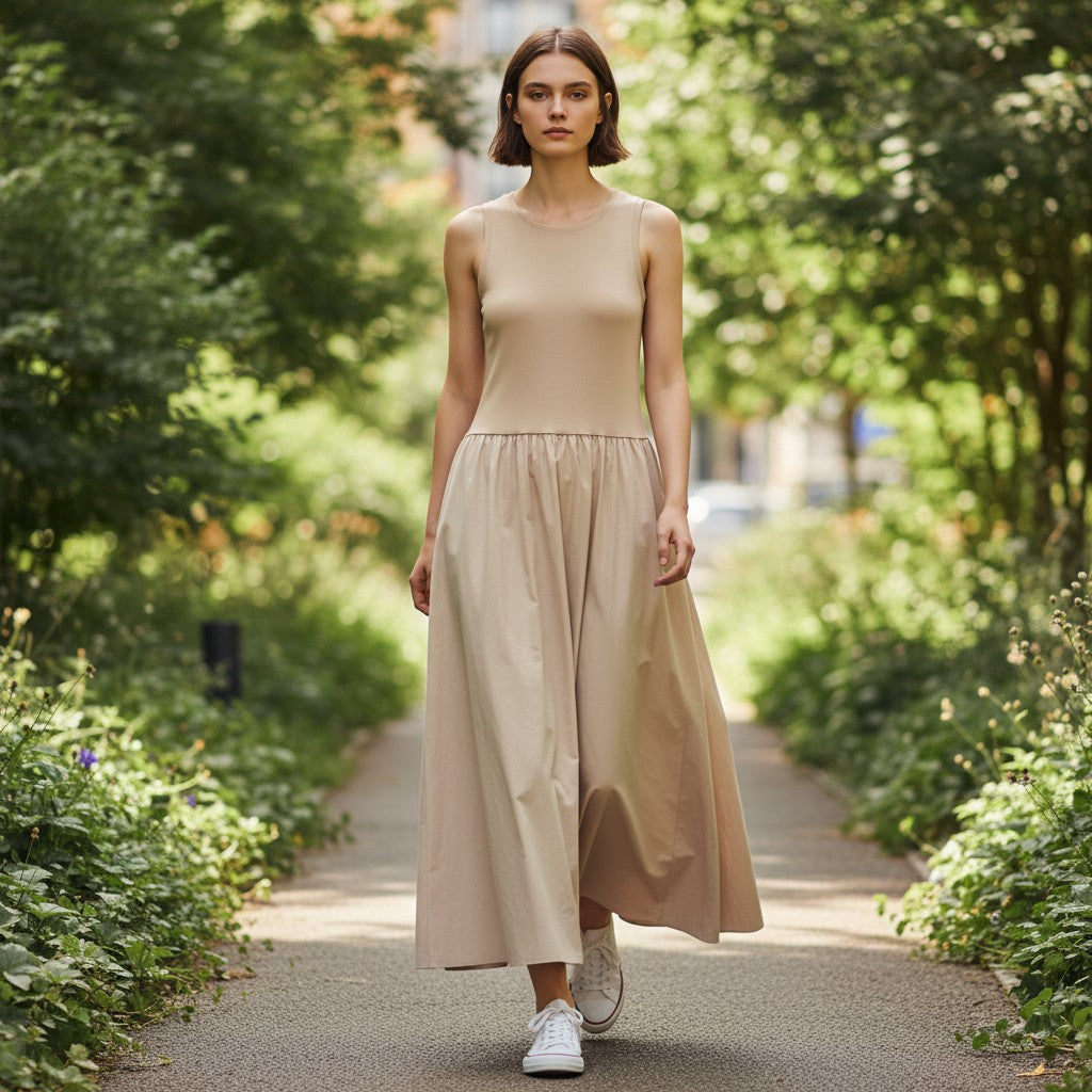 Midi Dress - Matte Fabric - Sleeveless - A-Line - Mid-Calf Length