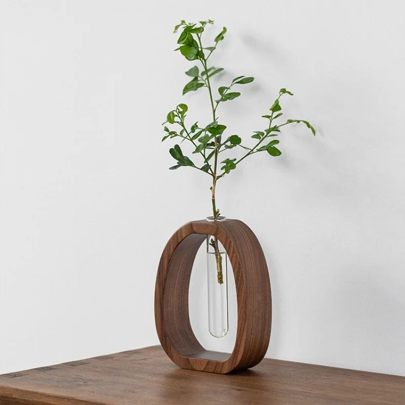 Mini Glass Flower Vase with Wooden Base | Single Stem Display Design | Compact Decor for Desks, Shelves & Bedside Tables