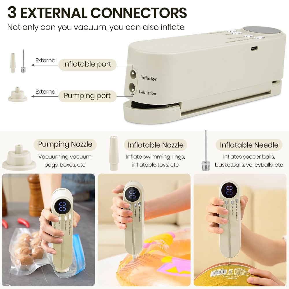 Mini Vacuum Sealer 3-in-1 | 60kPa Suction & 3 Heat Settings | Cordless USB-C Rechargeable, Vacuum Seal & Inflate