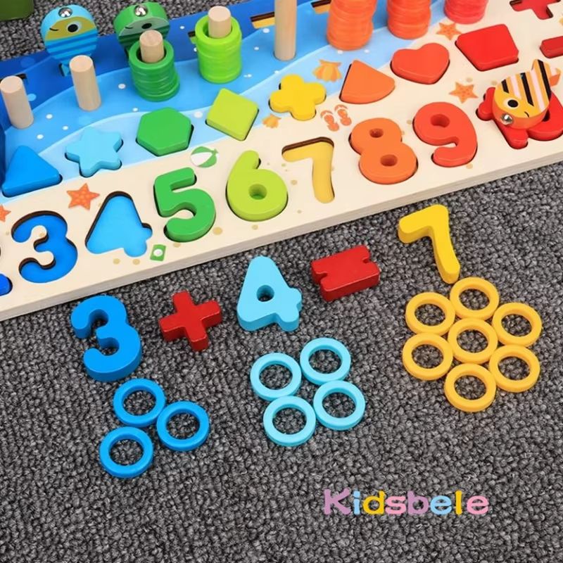 Montessori Math Puzzle Toy Wooden Board | 5-in-1 Counting, Sorting, Stacking & Magnetic Fishing Game | Screen-Free Learning