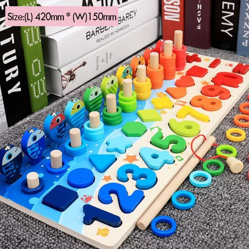 Montessori Math Puzzle Toy Wooden Board | 5-in-1 Counting, Sorting, Stacking & Magnetic Fishing Game | Screen-Free Learning