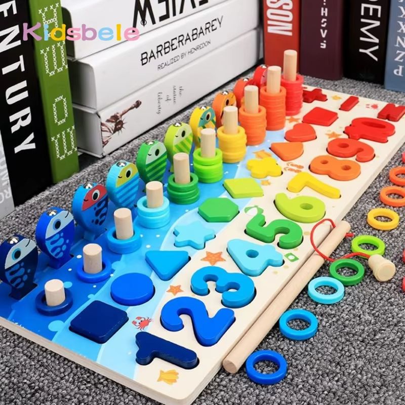 Montessori Math Puzzle Toy Wooden Board | 5-in-1 Counting, Sorting, Stacking & Magnetic Fishing Game | Screen-Free Learning