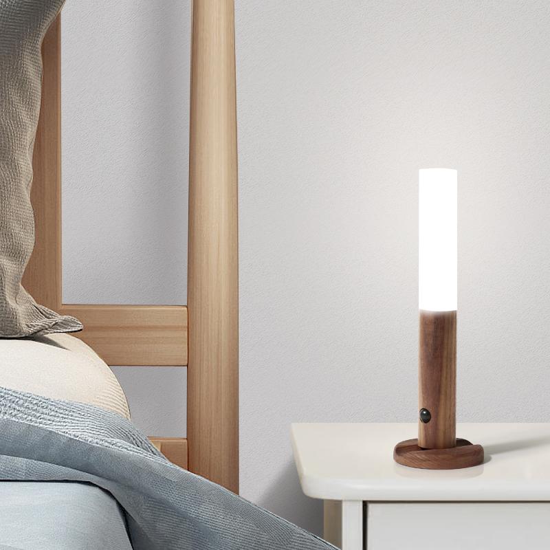 Motion Sensor Torch Lamp Wood & Acrylic | Walnut or Ash | Cordless Magnetic Wall Mount, Rechargeable Night Light