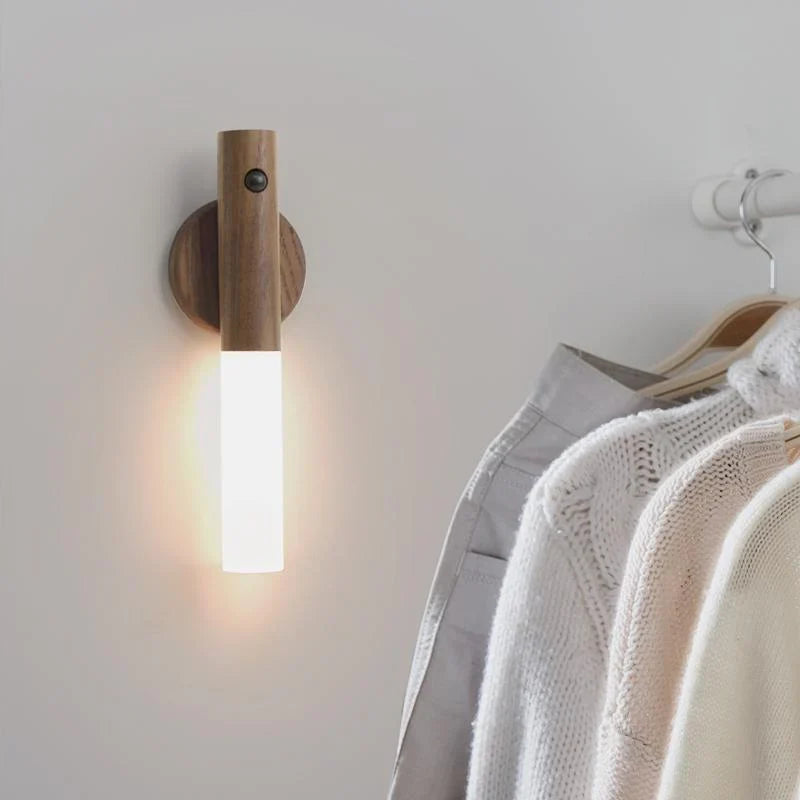 Motion Sensor Torch Lamp Wood & Acrylic | Walnut or Ash | Cordless Magnetic Wall Mount, Rechargeable Night Light