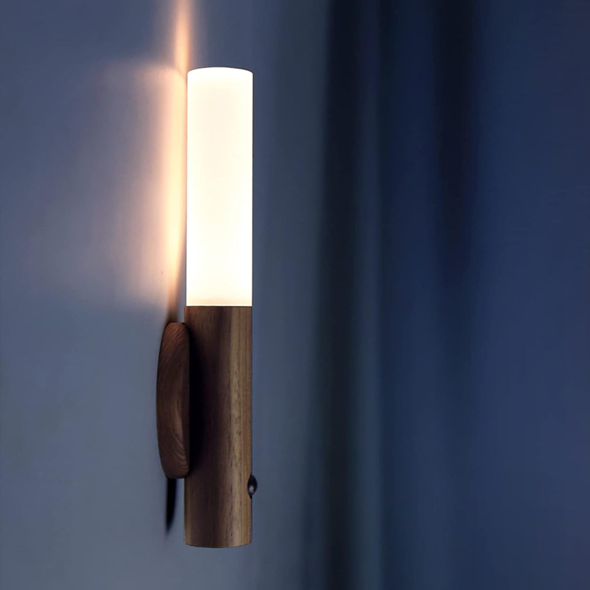 Motion Sensor Torch Lamp Wood & Acrylic | Walnut or Ash | Cordless Magnetic Wall Mount, Rechargeable Night Light