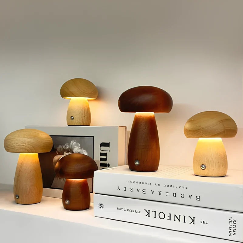 Wooden Mushroom Table Lamp Solid Wood | Cordless Rechargeable Dimmable Nightlight | Up to 10 Hours Warm White Glow 18