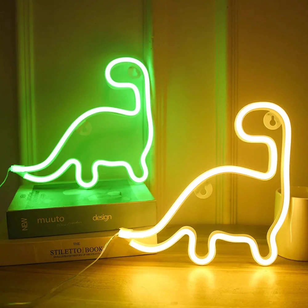 Neon Dinosaur LED Wall Light | USB or Battery Powered, Two Modes | Soft Glow Night Light for Bedroom, Gaming or Gifting