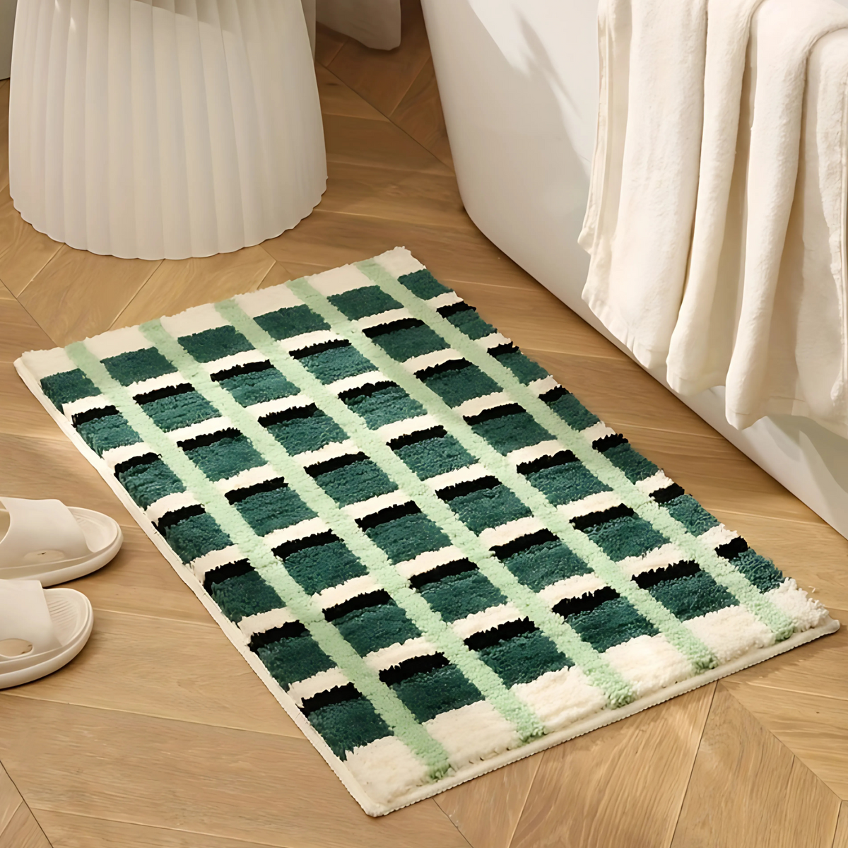 Non-Slip Bath Mat - Soft Flocked Fabric, Geometric Design