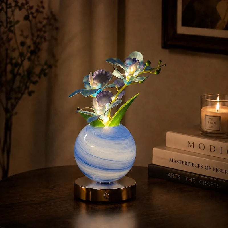 Orchid Vase Lamp, Rechargeable Cordless | Wrought Iron and Glass | Azure, Champagne, Blush, Dimmable