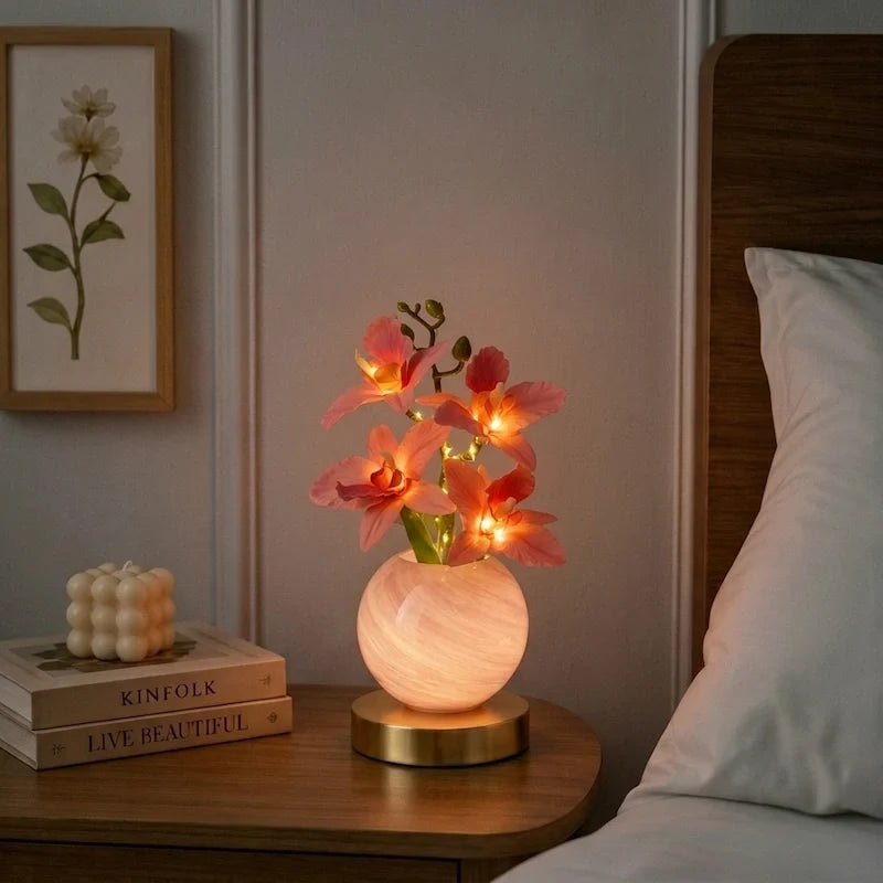 Orchid Vase Lamp, Rechargeable Cordless | Wrought Iron and Glass | Azure, Champagne, Blush, Dimmable
