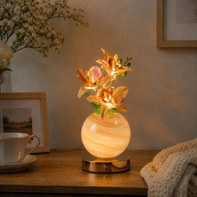 Orchid Vase Lamp, Rechargeable Cordless | Wrought Iron and Glass | Azure, Champagne, Blush, Dimmable