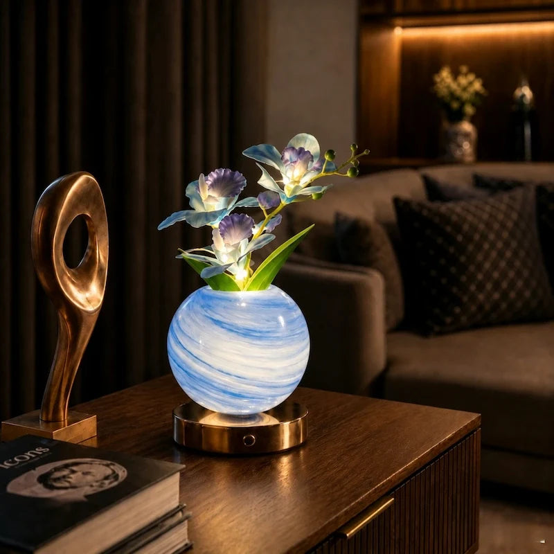 Orchid Vase Lamp, Rechargeable Cordless | Wrought Iron and Glass | Azure, Champagne, Blush, Dimmable