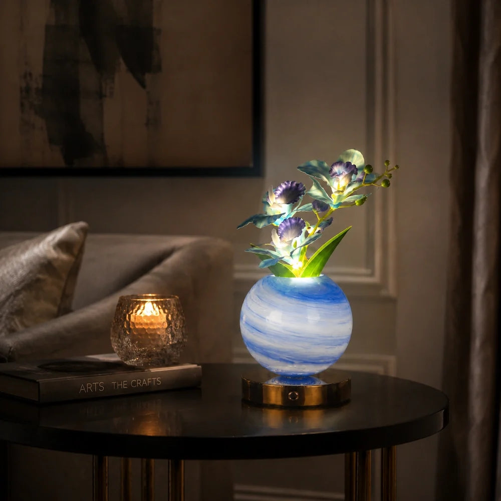Orchid Vase Lamp, Rechargeable Cordless | Wrought Iron and Glass | Azure, Champagne, Blush, Dimmable