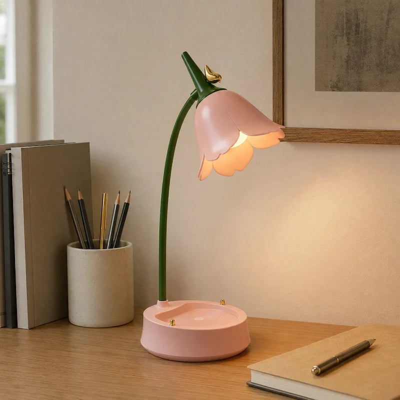 Petal Shade Desk Lamp | Rechargeable, 3-Tone Dimmable, 12-Hour Battery | ABS, Curved Stem, 39 x 15 x 12.5 cm, 4 Colours