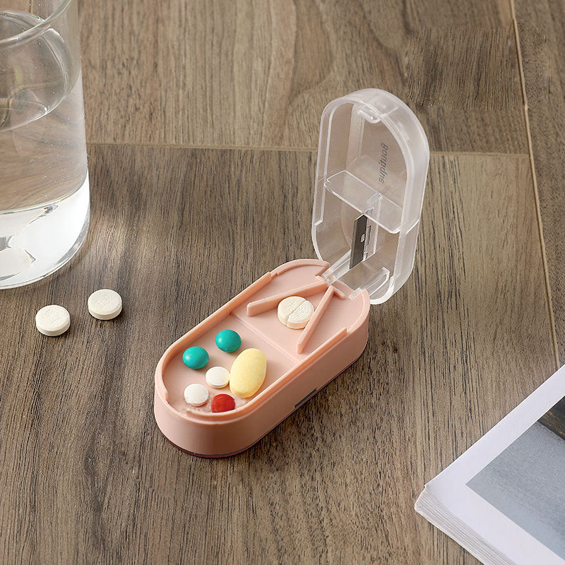 Pill Cutter & Storage Box Stainless Steel Blade | V-Shaped Grip for Accurate Splitting | 3 Compartments for Organised Doses