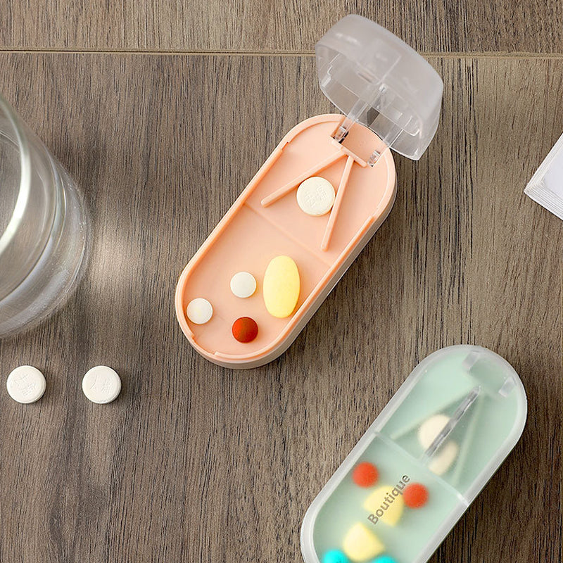 Pill Cutter & Storage Box Stainless Steel Blade | V-Shaped Grip for Accurate Splitting | 3 Compartments for Organised Doses
