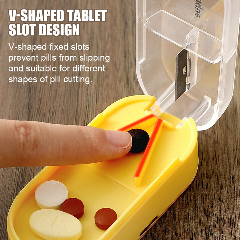Pill Cutter & Storage Box Stainless Steel Blade | V-Shaped Grip for Accurate Splitting | 3 Compartments for Organised Doses