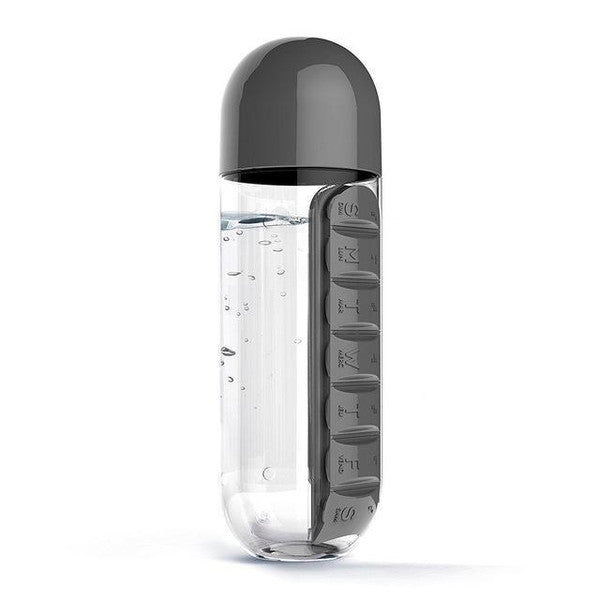Pill Organizer Water Bottle BPA-Free | 7-Day Compartments & Screw-Top Cup Lid | Portable Vitamin & Supplement Storage