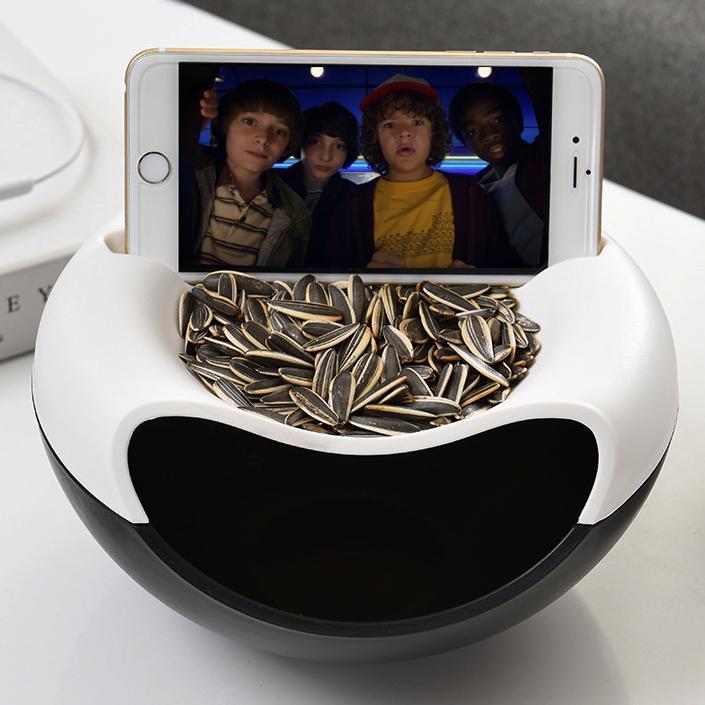 Pistachio Nut Bowl with Shell Storage | Dual Compartment Snack Organiser | Built-In Phone Stand, Decorative Bowl