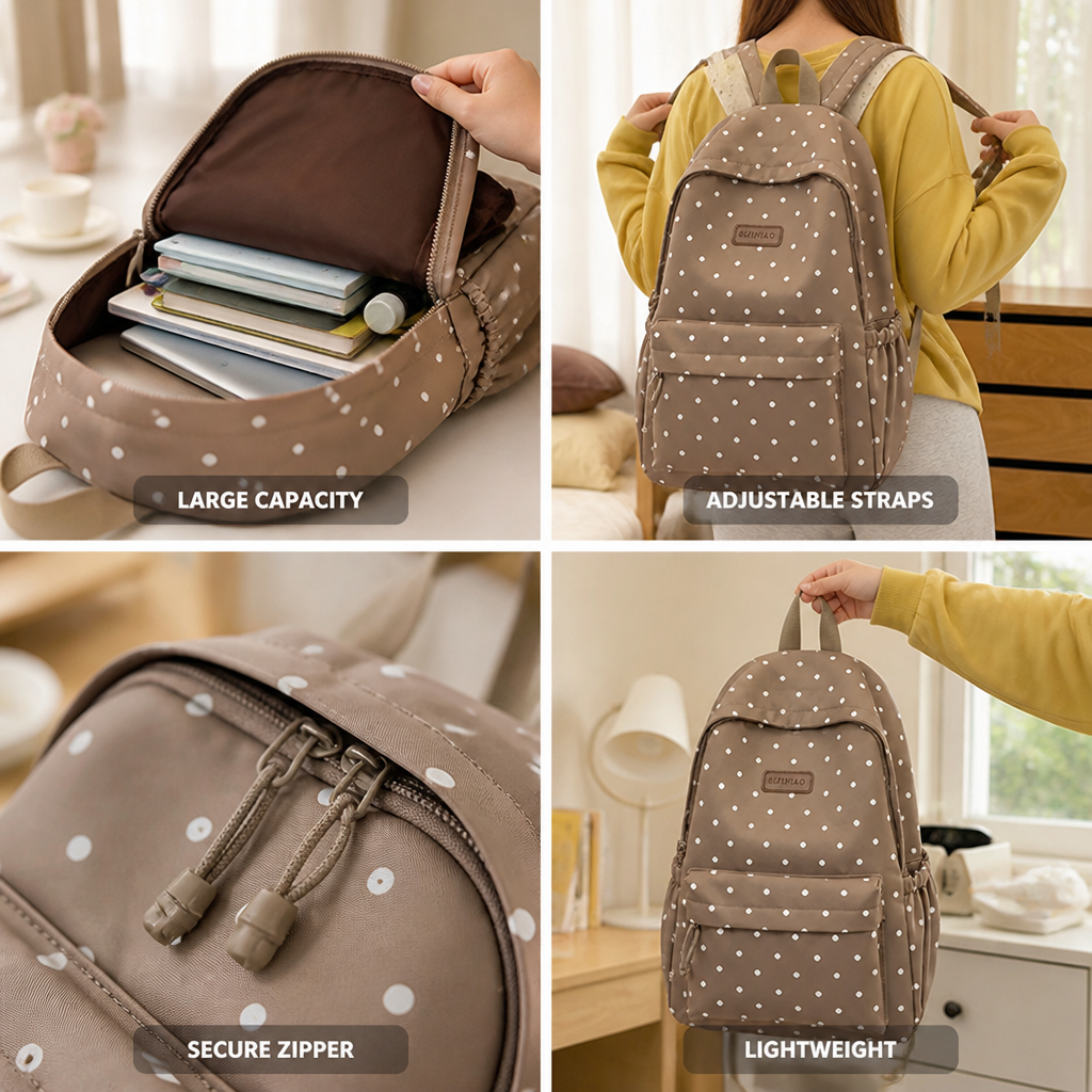 Polka Dot Backpack | Lightweight Large-Capacity Design with Adjustable Straps | Secure Zipper Closure for Everyday Carry