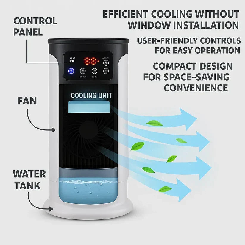 Portable Air Cooler | Windowless 5-in-1 Cooling & Humidifier | 300ml Tank, Caster Wheels, Ultra-Quiet Under 23dB