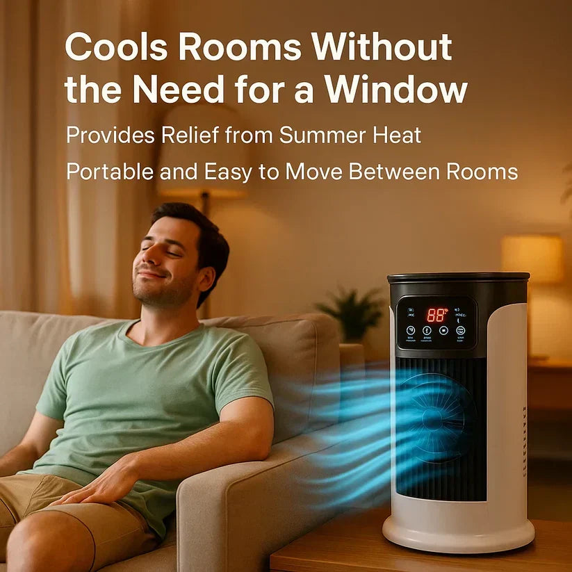 Portable Air Cooler | Windowless 5-in-1 Cooling & Humidifier | 300ml Tank, Caster Wheels, Ultra-Quiet Under 23dB