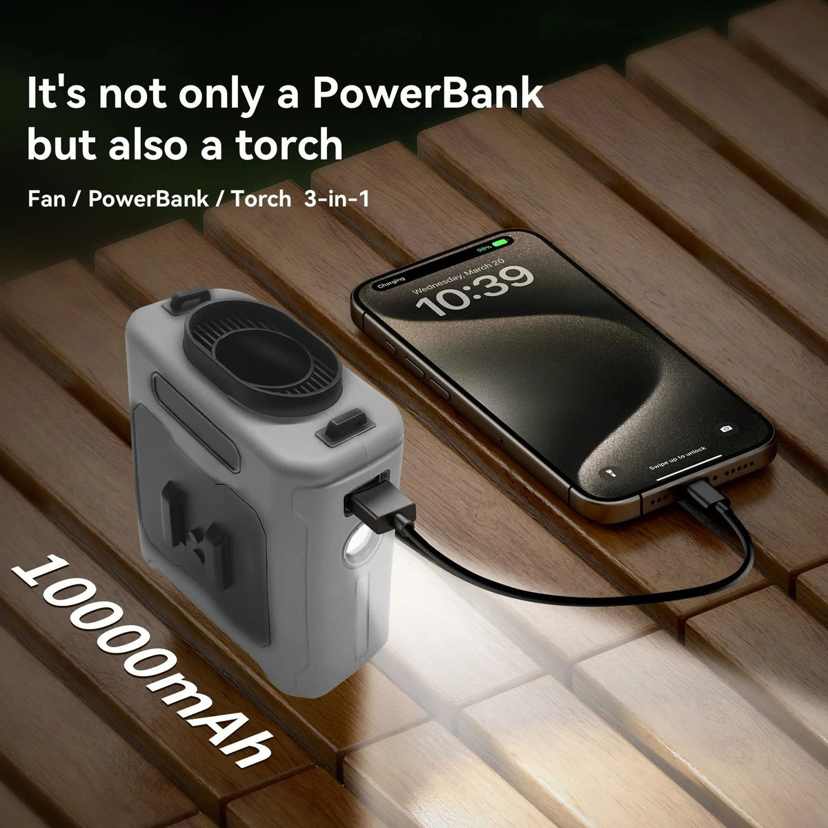 Portable Waist Fan with Power Bank and LED Light | 5-Speed Cooling, 6.5 m/s Airflow | 10000mAh Battery, IPX4 Waterproof